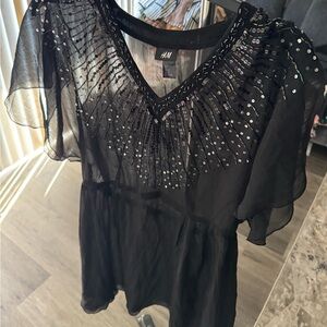 H&M Womens Tunic Dress Swimsuit Cover Up Sleeveless V Neck W/Sequins BlackSize 8